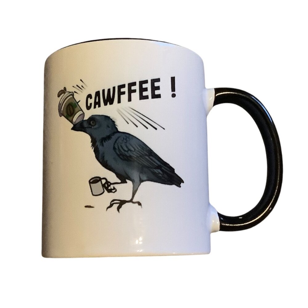 Crow‎ "Cawffee!"  Black Bird Ceramic Mug 11 Oz Coffee Lover Cup Funny 3.75"